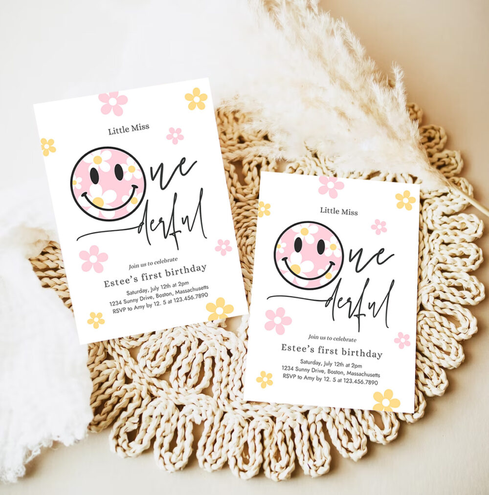 editable smiley daisy face birthday party invitation pastel daisy little miss onederful 1st birthday happy face party 7
