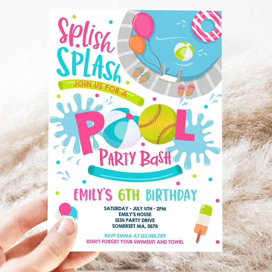 editable softball pool party birthday invitation girl summer softball team pool party pool bbq birthday pool party 3