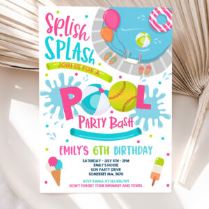 editable softball pool party birthday invitation girl summer softball team pool party pool bbq birthday pool party 5