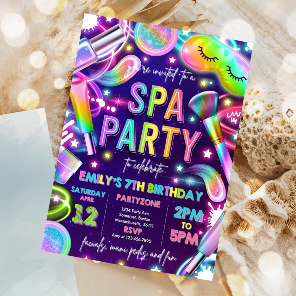 editable spa makeup birthday invitation neon glow spa party invitation glitz and glam makeup neon glow birthday party 1