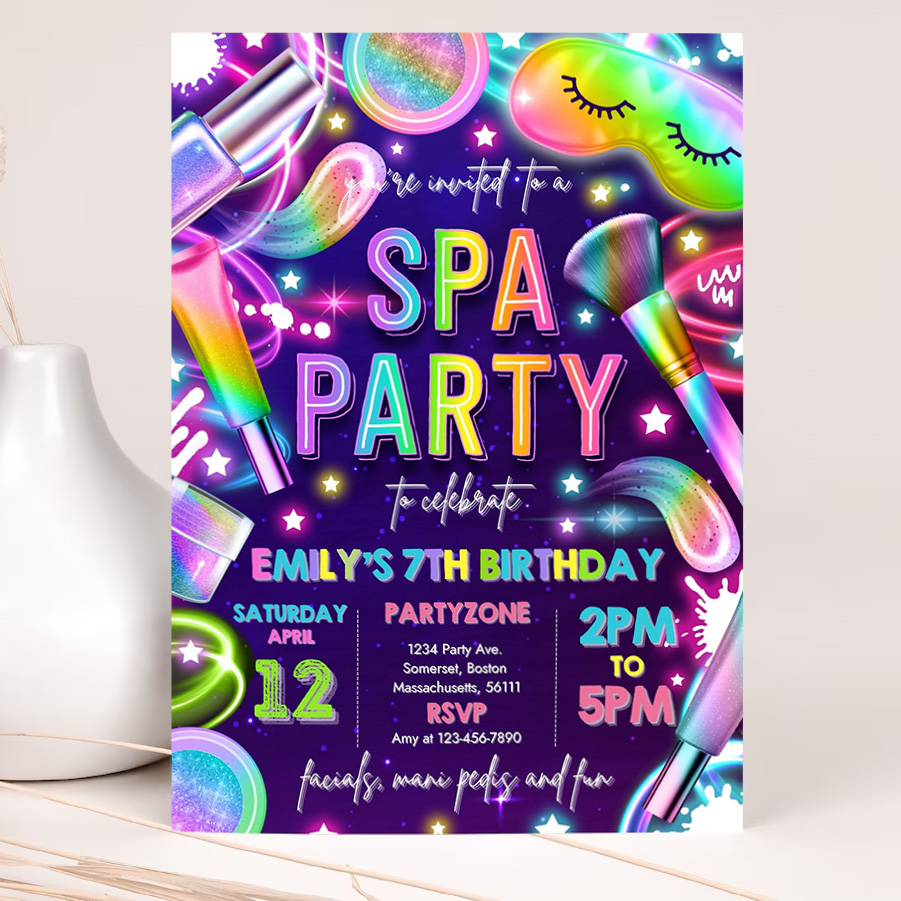 editable spa makeup birthday invitation neon glow spa party invitation glitz and glam makeup neon glow birthday party 2