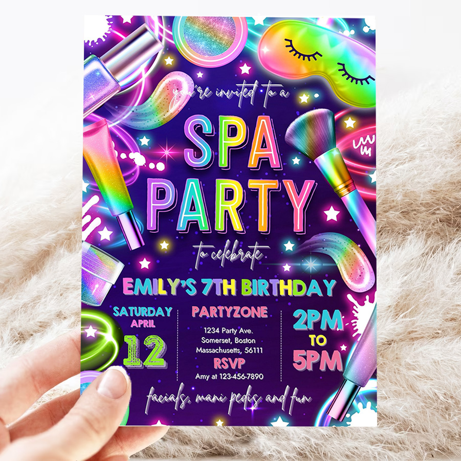 editable spa makeup birthday invitation neon glow spa party invitation glitz and glam makeup neon glow birthday party 3