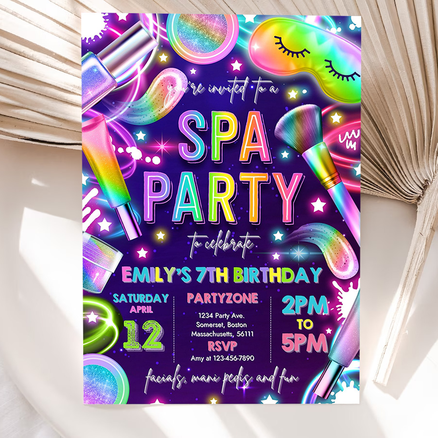 editable spa makeup birthday invitation neon glow spa party invitation glitz and glam makeup neon glow birthday party 5