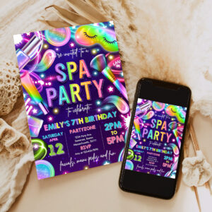 editable spa makeup birthday invitation neon glow spa party invitation glitz and glam makeup neon glow birthday party 6