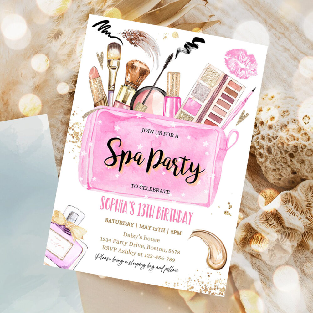 editable spa makeup birthday party invitation glam invitation girl pink and gold tween teen spa birthday party 1