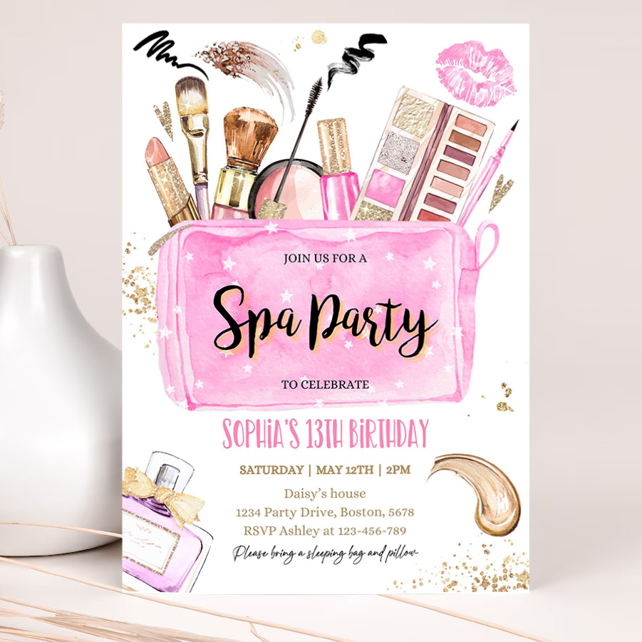 editable spa makeup birthday party invitation glam invitation girl pink and gold tween teen spa birthday party 2