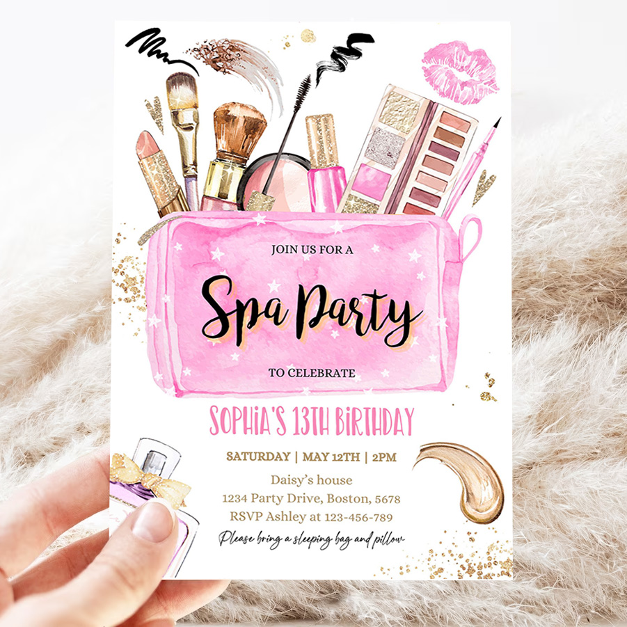editable spa makeup birthday party invitation glam invitation girl pink and gold tween teen spa birthday party 3