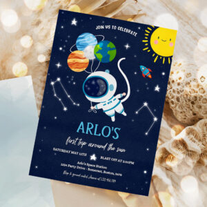 editable space birthday invitation first trip around the sun boy rocket ship space planets galaxy outer space party 1