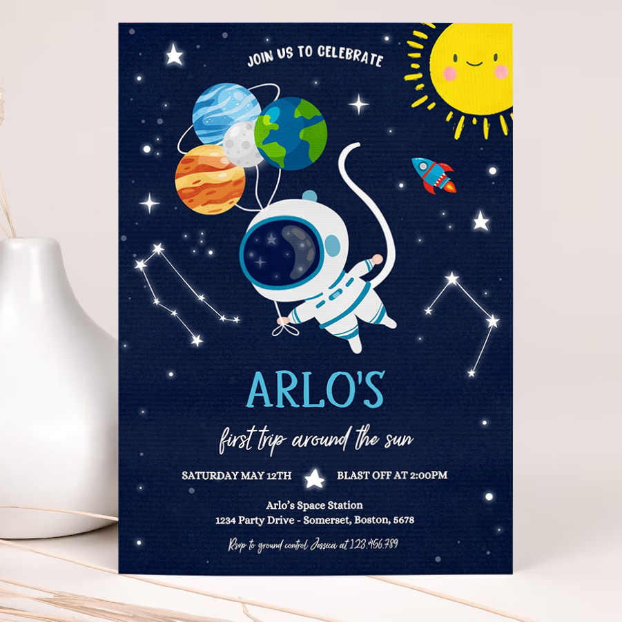 editable space birthday invitation first trip around the sun boy rocket ship space planets galaxy outer space party 2