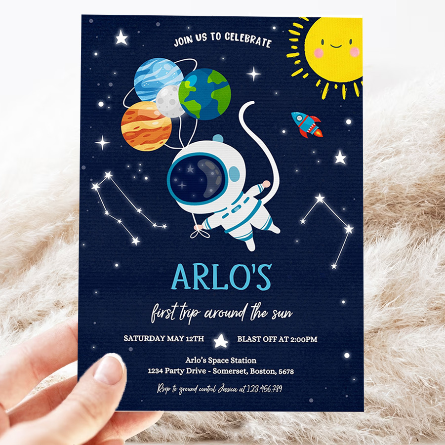 editable space birthday invitation first trip around the sun boy rocket ship space planets galaxy outer space party 3