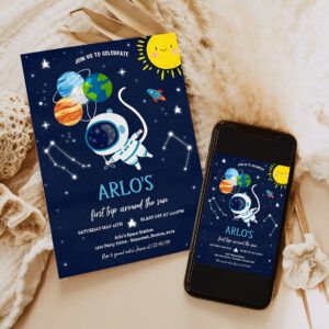 editable space birthday invitation first trip around the sun boy rocket ship space planets galaxy outer space party 6