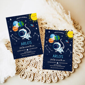 editable space birthday invitation first trip around the sun boy rocket ship space planets galaxy outer space party 7