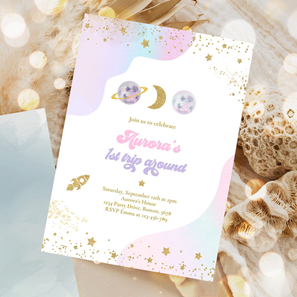 editable space birthday invitation first trip around the sun girl watercolor pink planets galaxy outer space party 1