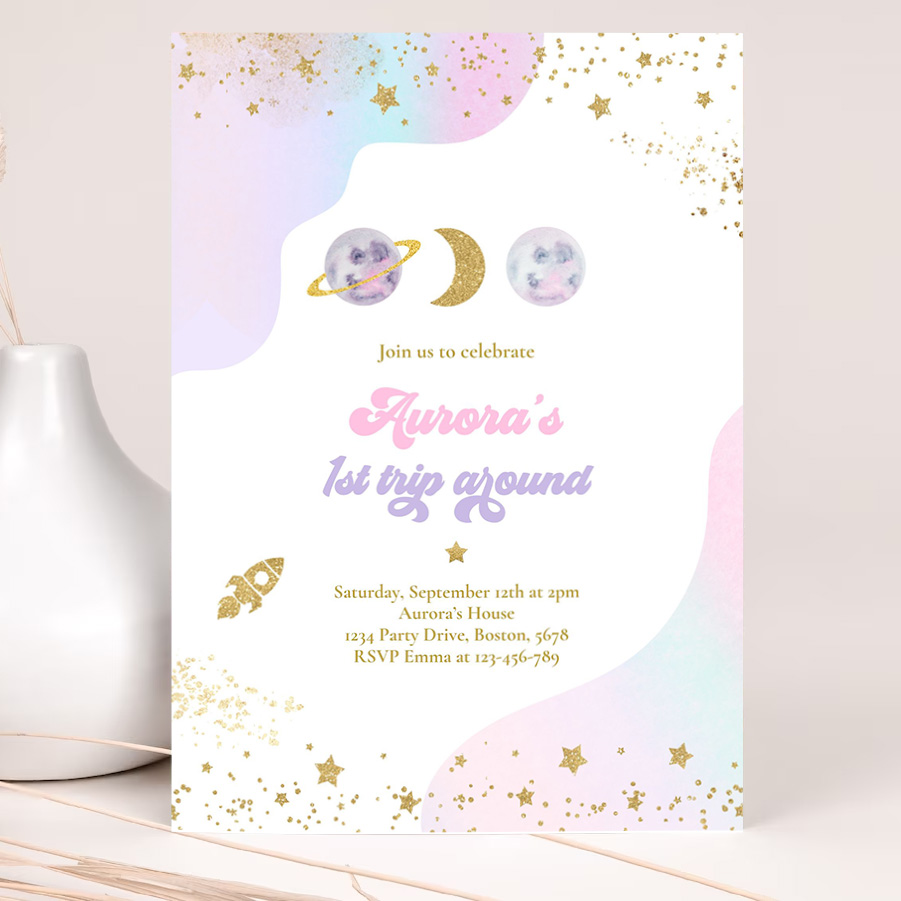 editable space birthday invitation first trip around the sun girl watercolor pink planets galaxy outer space party 2