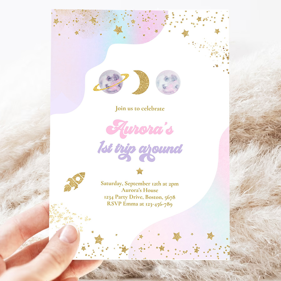 editable space birthday invitation first trip around the sun girl watercolor pink planets galaxy outer space party 3
