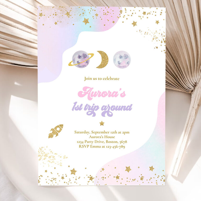 editable space birthday invitation first trip around the sun girl watercolor pink planets galaxy outer space party 5
