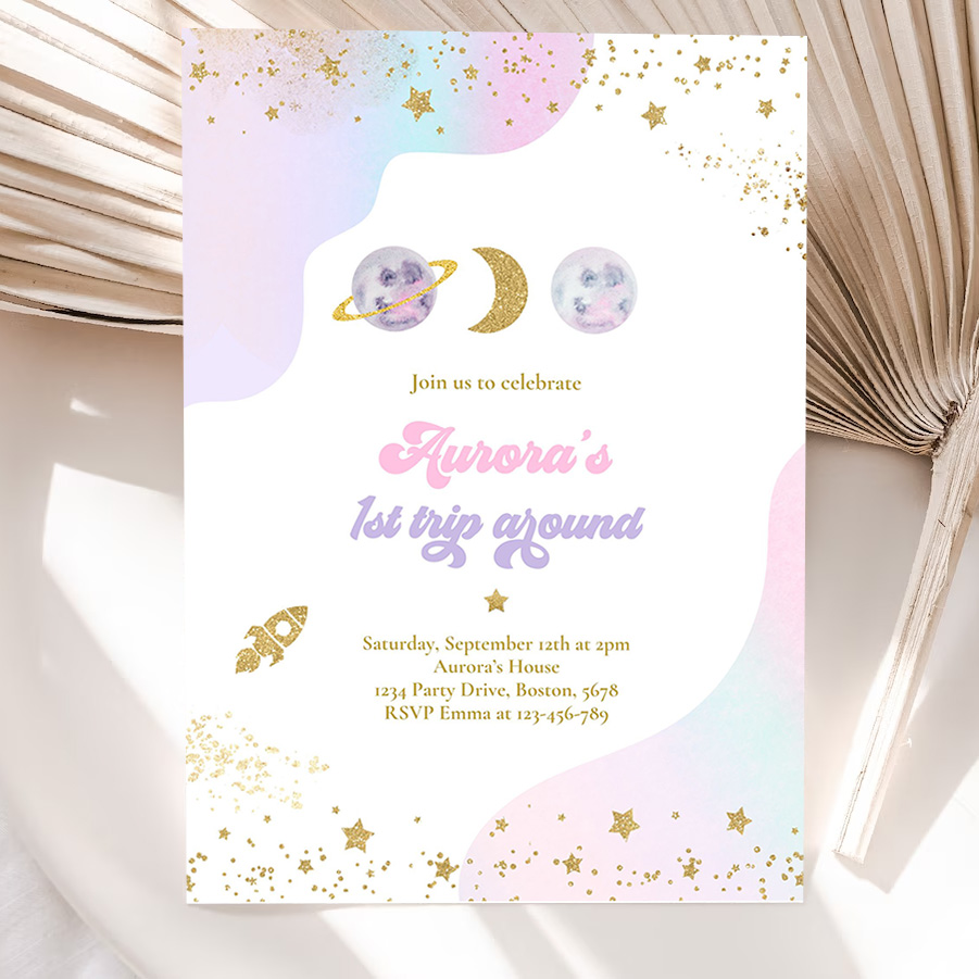 editable space birthday invitation first trip around the sun girl watercolor pink planets galaxy outer space party 5