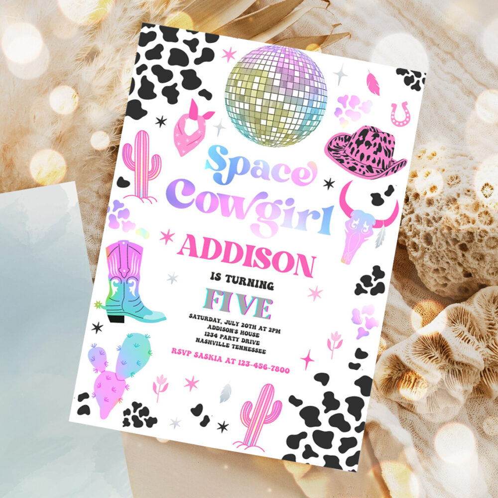 editable space cowgirl birthday party invitation cosmic space cowgirl disco birthday party nashville rodeo any age party 1