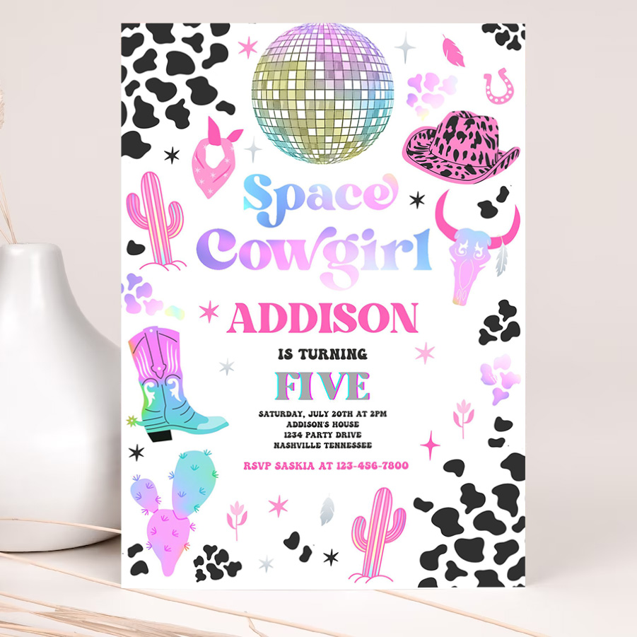 editable space cowgirl birthday party invitation cosmic space cowgirl disco birthday party nashville rodeo any age party 2