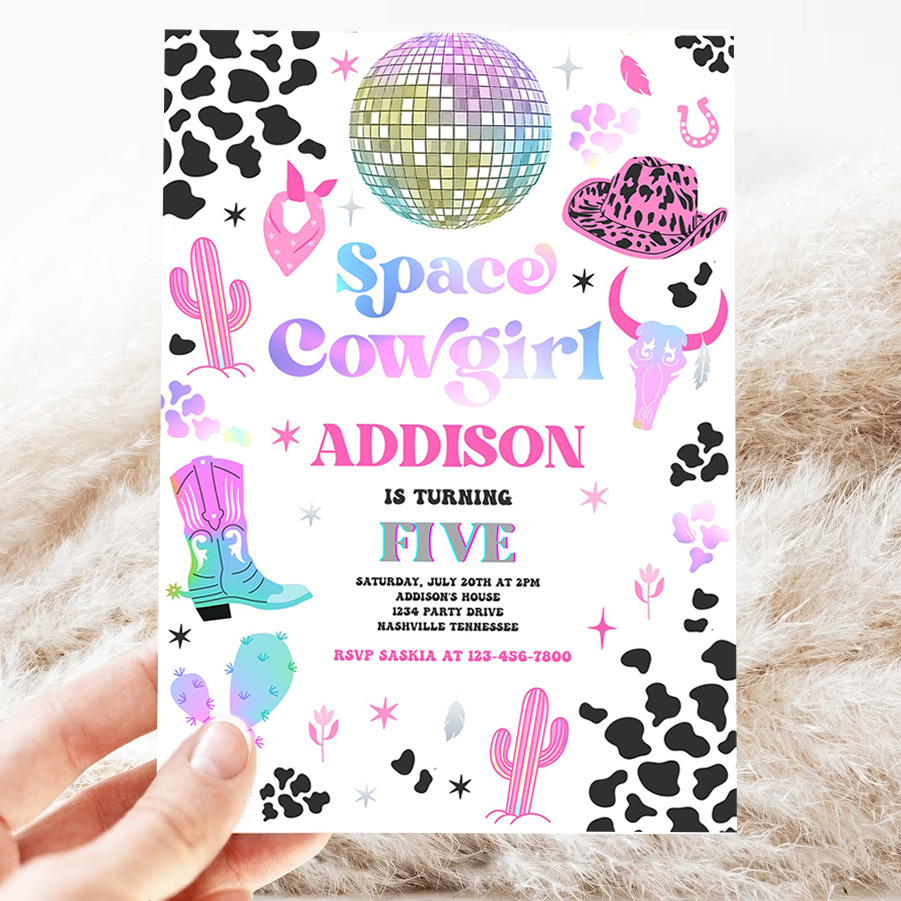 editable space cowgirl birthday party invitation cosmic space cowgirl disco birthday party nashville rodeo any age party 3