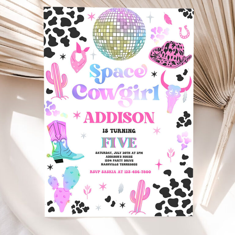 editable space cowgirl birthday party invitation cosmic space cowgirl disco birthday party nashville rodeo any age party 5