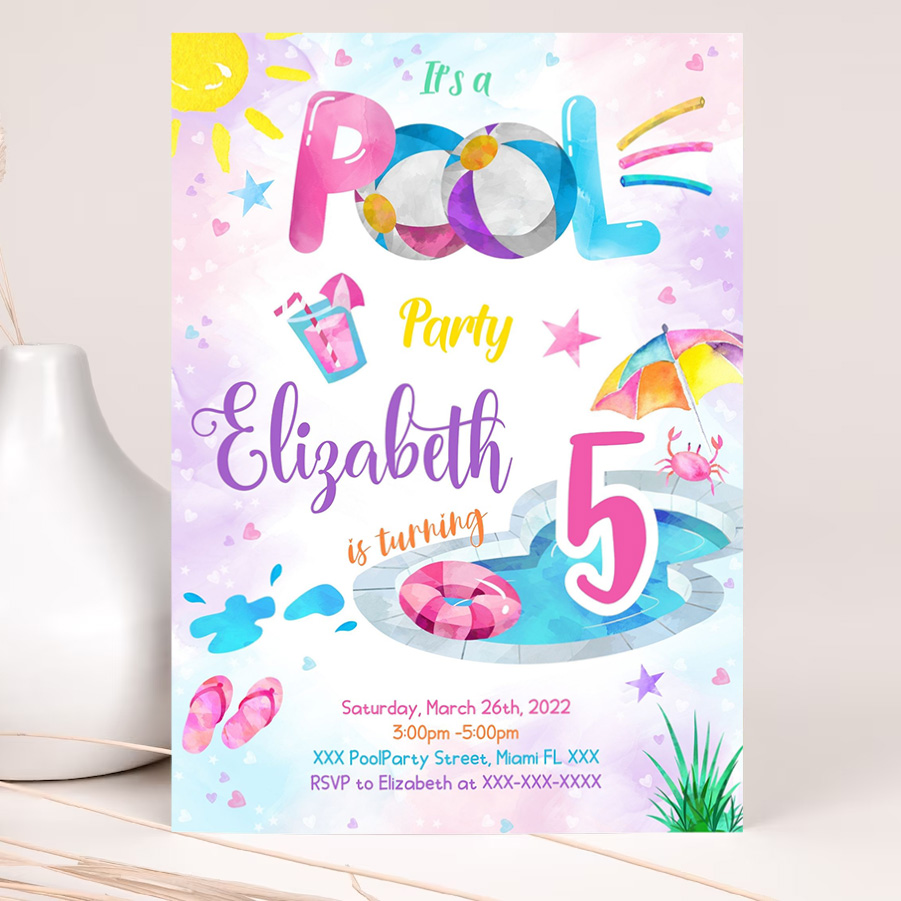 editable splish splash birthday invitation pool party boy beach ball blue green birthday bash 2