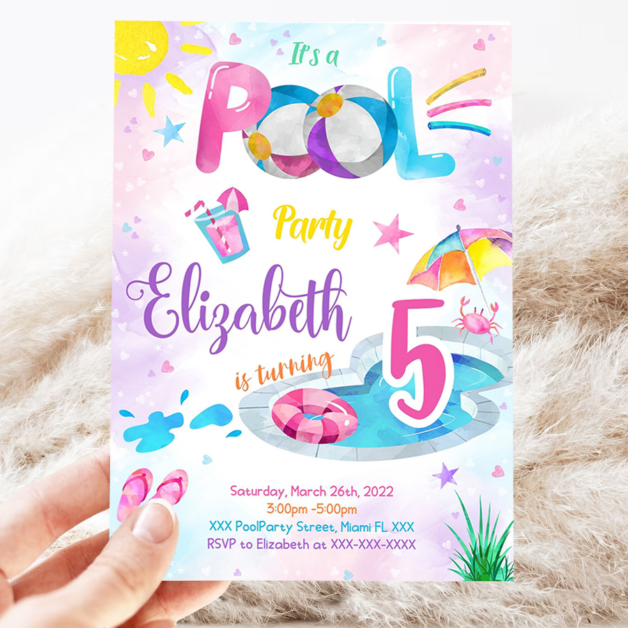 editable splish splash birthday invitation pool party boy beach ball blue green birthday bash 3