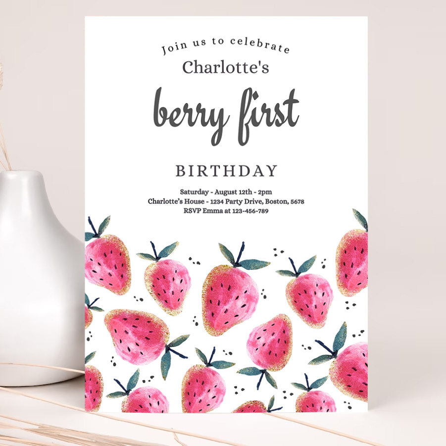 editable strawberry 1st birthday invitation berry first birthday invitation summer berries 1st birthday berry sweet 2