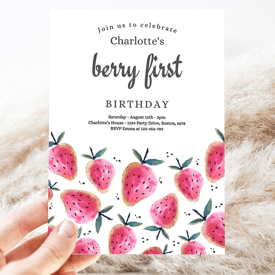 editable strawberry 1st birthday invitation berry first birthday invitation summer berries 1st birthday berry sweet 3