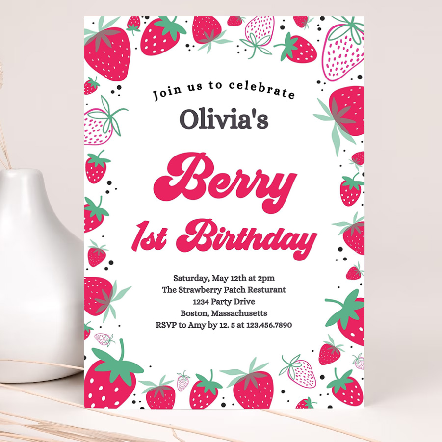 editable strawberry 1st birthday invitation berry first birthday invitation summer berries 1st birthday berry sweet party 2