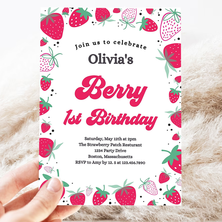 editable strawberry 1st birthday invitation berry first birthday invitation summer berries 1st birthday berry sweet party 3