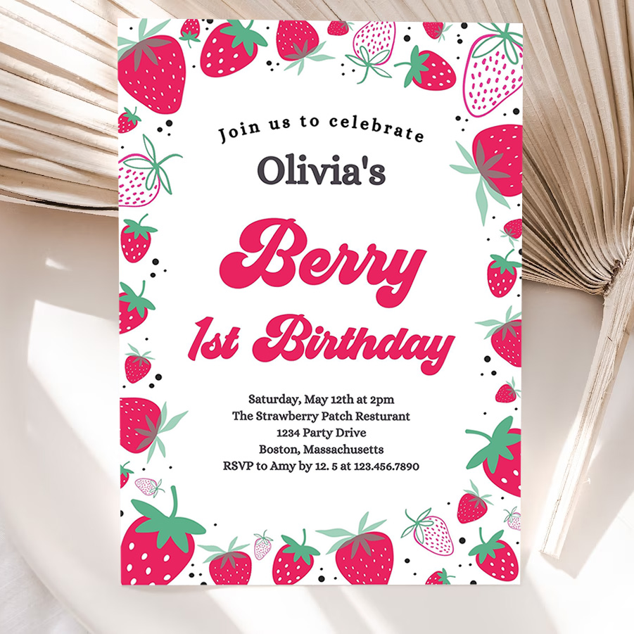 editable strawberry 1st birthday invitation berry first birthday invitation summer berries 1st birthday berry sweet party 5