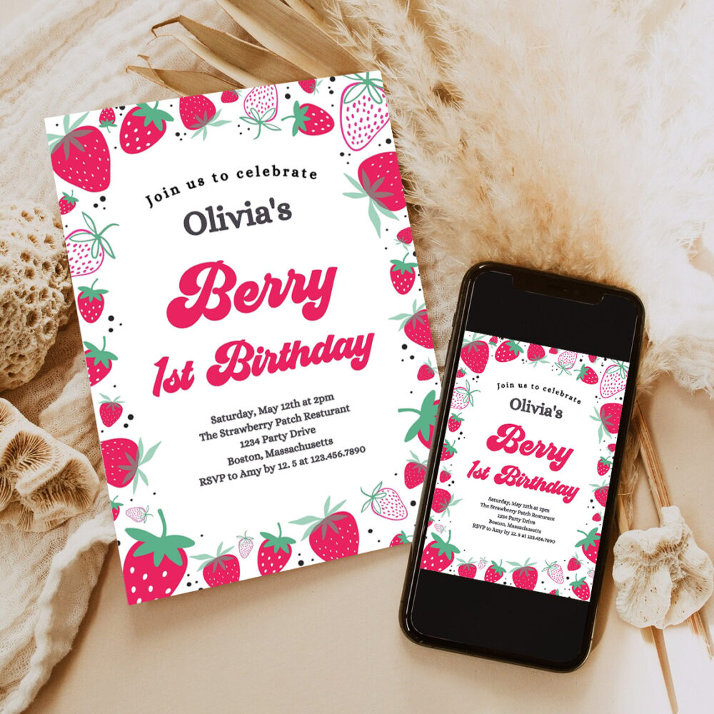 editable strawberry 1st birthday invitation berry first birthday invitation summer berries 1st birthday berry sweet party 6