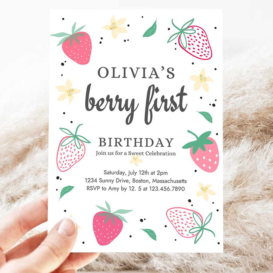 editable strawberry 1st birthday invitation berry first birthday invitation summer berries 1st birthday berry sweet party invite 3