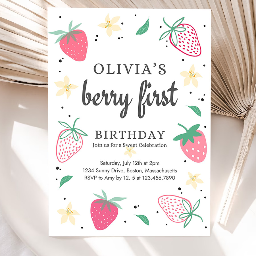 editable strawberry 1st birthday invitation berry first birthday invitation summer berries 1st birthday berry sweet party invite 5