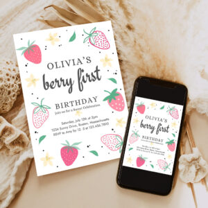 editable strawberry 1st birthday invitation berry first birthday invitation summer berries 1st birthday berry sweet party invite 6