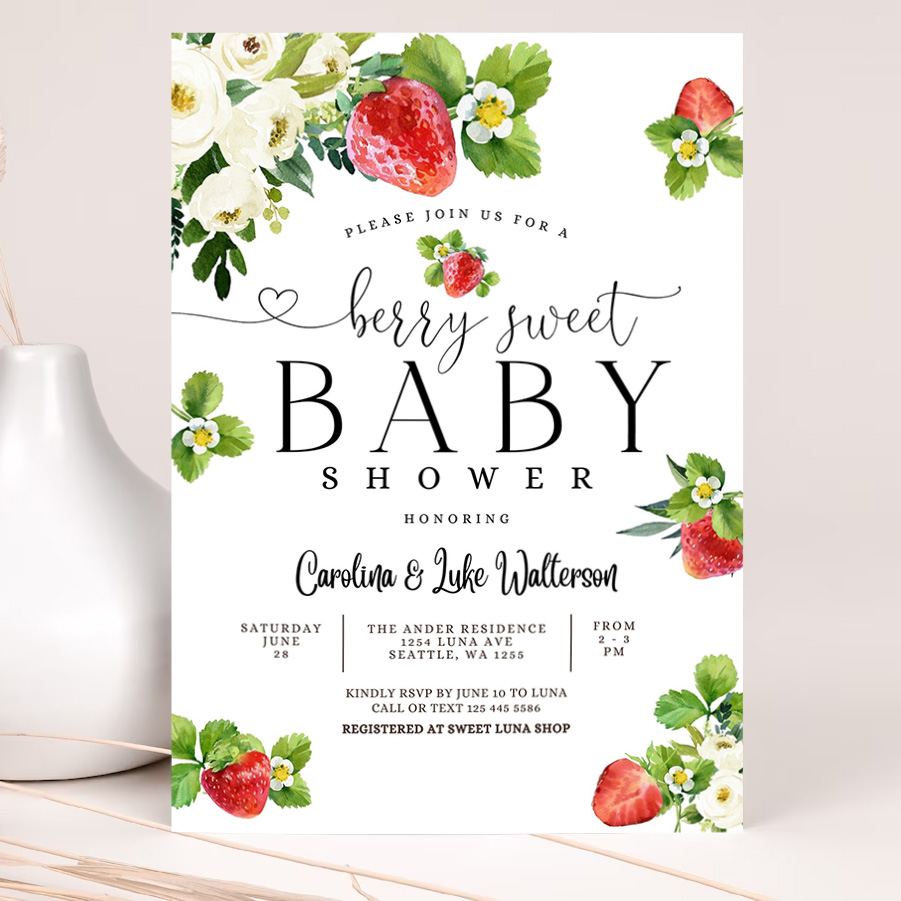 editable strawberry baby shower invitation berry sweet baby shower invite berry sweet baby shower invite printable 2