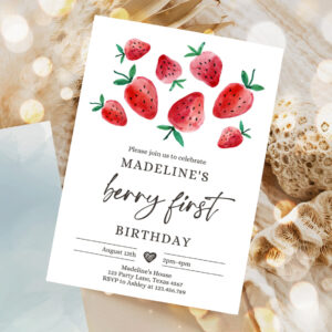 editable strawberry birthday invitation first birthday berry sweet girl cute strawberries 1st party invitation 1