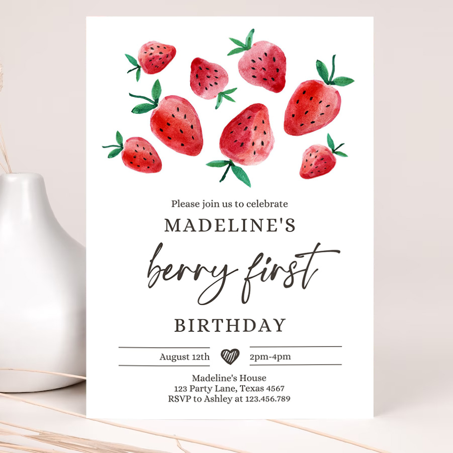 editable strawberry birthday invitation first birthday berry sweet girl cute strawberries 1st party invitation 2