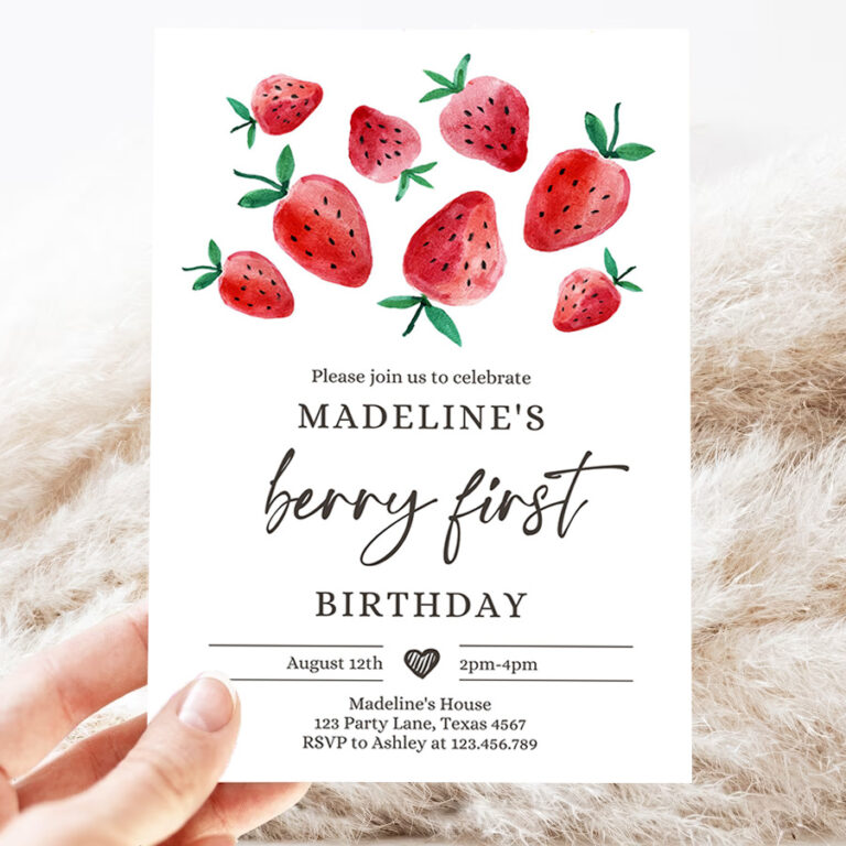 editable strawberry birthday invitation first birthday berry sweet girl cute strawberries 1st party invitation 3