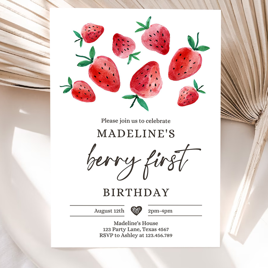 editable strawberry birthday invitation first birthday berry sweet girl cute strawberries 1st party invitation 5