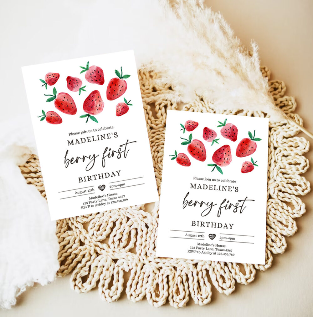 editable strawberry birthday invitation first birthday berry sweet girl cute strawberries 1st party invitation 7