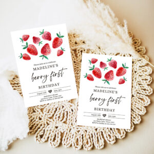 editable strawberry birthday invitation first birthday berry sweet girl cute strawberries 1st party invitation 7