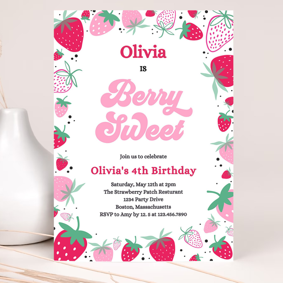 editable strawberry birthday party invitation berry sweet birthday invitation summer berries any age berry sweet 2