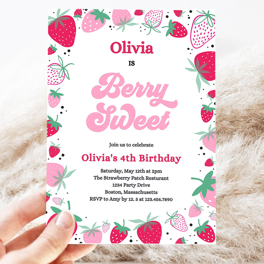 editable strawberry birthday party invitation berry sweet birthday invitation summer berries any age berry sweet 3