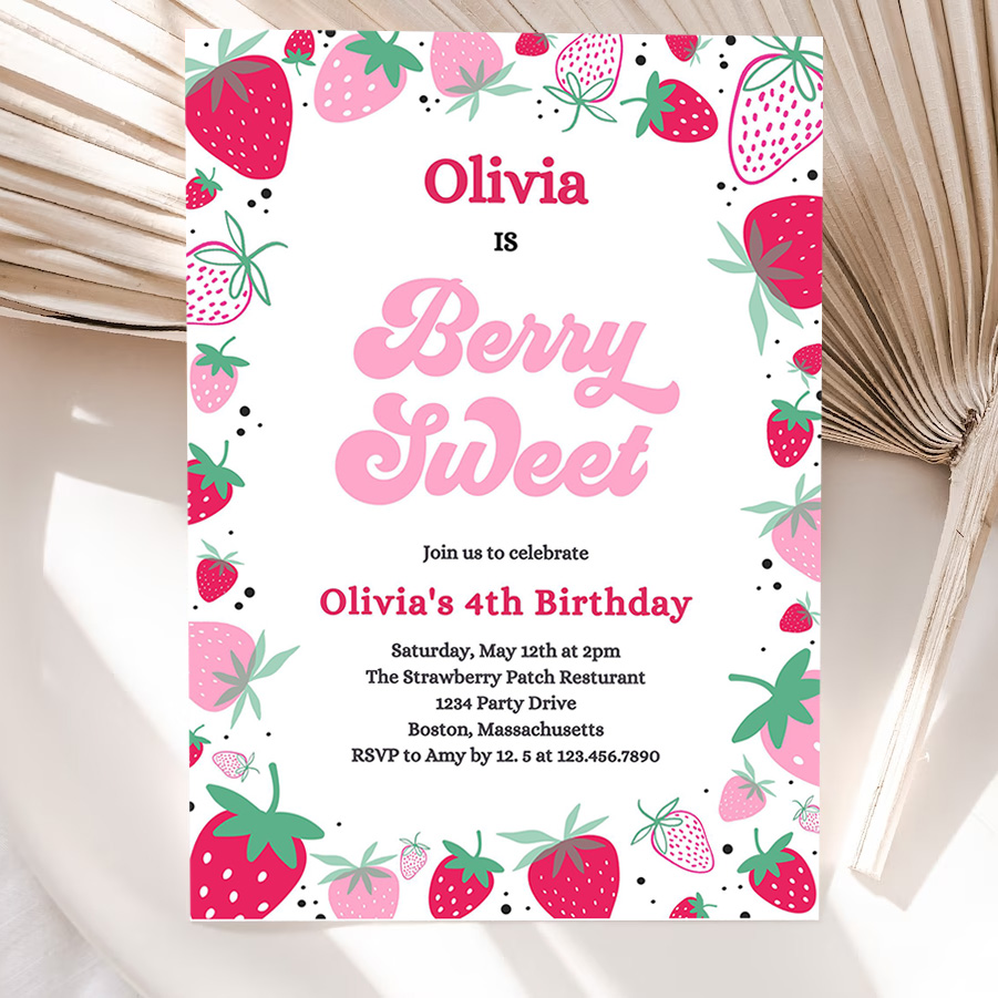 editable strawberry birthday party invitation berry sweet birthday invitation summer berries any age berry sweet 5