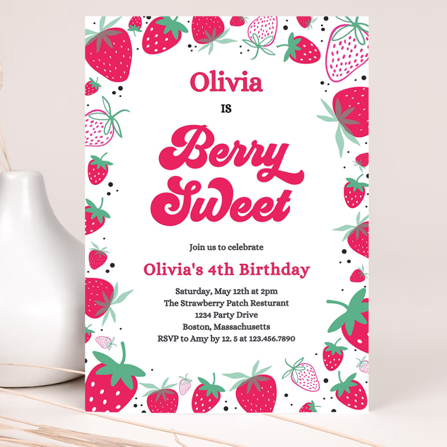 editable strawberry birthday party invitation berry sweet birthday invitation summer berries any age berry sweet party invite 2