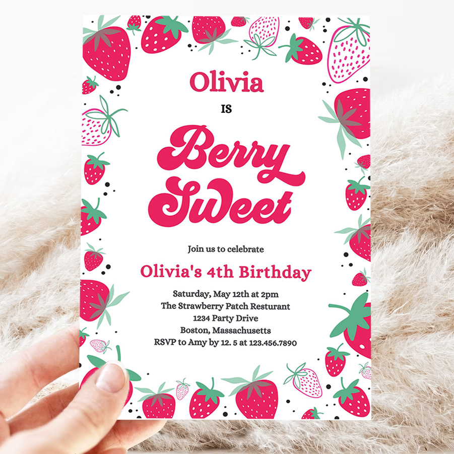 editable strawberry birthday party invitation berry sweet birthday invitation summer berries any age berry sweet party invite 3