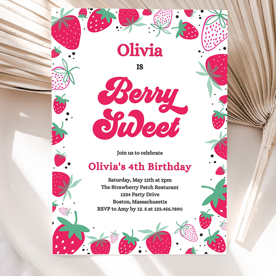 editable strawberry birthday party invitation berry sweet birthday invitation summer berries any age berry sweet party invite 5