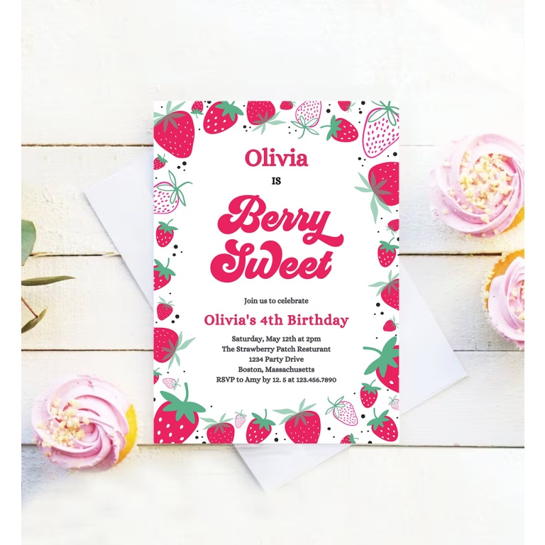 Editable Strawberry Birthday Party Invitation Berry Sweet Birthday ...